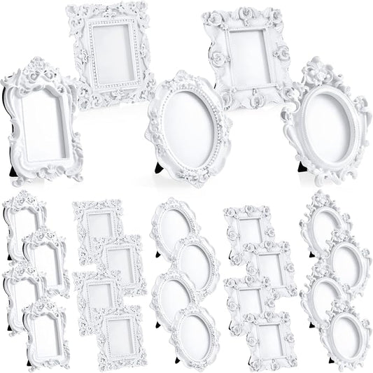 Maitys 25 Pcs Mini Picture Vintage Frames with Stands Tiny Antique Photo Baroque Ornate Resin Oval Frame Table Top Display Home Wedding Decor (White)