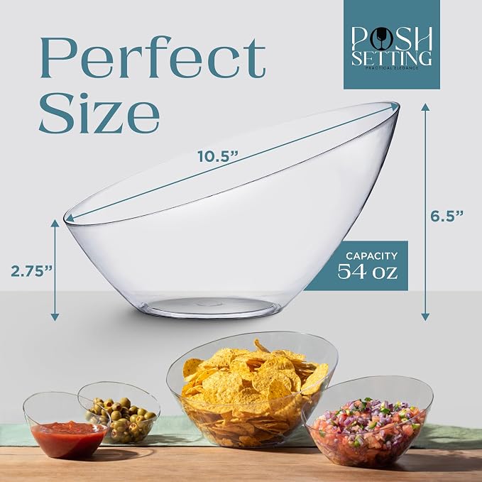 Posh Setting - Clear Plastic Serving Bowls for Party Angled Bowls Disposable Chip Bowls Candy Bowls for Party Table Salad and Fruit Bowls for Wedding Serving Bowls-Clear, 54 OZ, 5 Pack