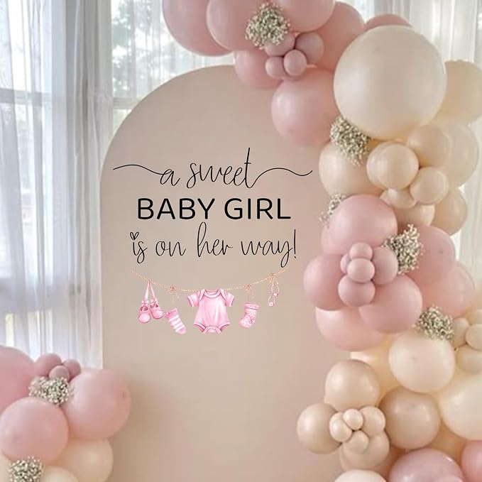 A Sweet Baby Girl is On Her Way Decal - Baby Girl Nursery Wall Decal, Pink Clothesline Design, Gender Reveal Party Decoration (Pink)