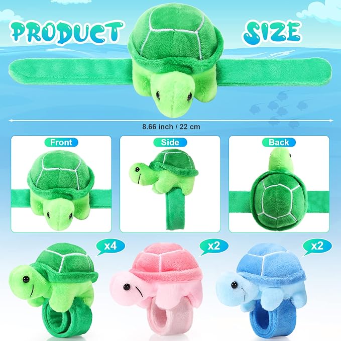 Lenwen 8 Pcs Turtle Stuffed Animals Slap Bracelets for Kids 8.66 Inch Back to School Plush Animal Bracelets Wrist Slap Snap Band Toy Adopt a Turtle Party Favors for Boys Girls Birthday Gifts
