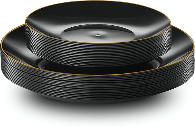 Plasticpro 128 Piece Combo Plate Set includes 64-7'' inch Plates & 64-10'' inch Dinner Plates Black Plastic With Gold Rim Design Party Plates, Premium heavyweight Elegant, Disposable