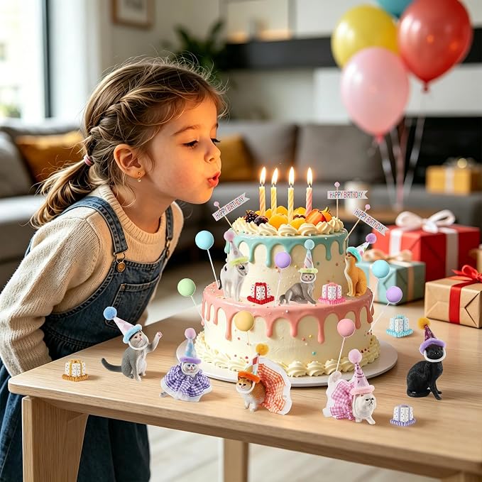 42Pcs Cat Birthday Party Decorations Kit, Mini Cat Figurines Hat Skirt Gift Boxes Balloons & Banners, Cute Cats Cake Cupcake Topper for Animals Themed Birthday Party