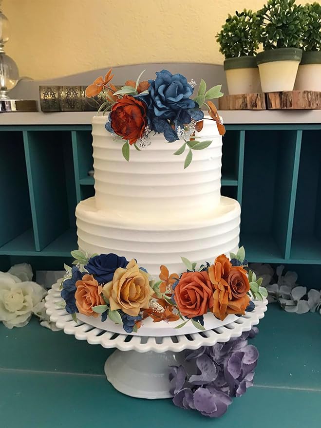 Rinlong 3Pcs Pre-made Artificial Cake Flowers Navy Blue Terracotta Cake Decorations Boho Fall Wedding Cake Decorating Flowers Decor Birthday Baptism Party Burnt Orange Cake Toppers