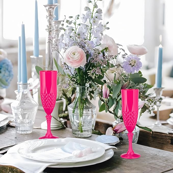 Plastic Champagne Flutes,Wine Glasses Goblets Set of 24,Mimosa Bar Shatterproof Reusable Vintage Champagne Flutes Stemmed Drinking Cups for Weddings, Bachelor Parties, Toasting,Cava, Prosecco(24,Pink)