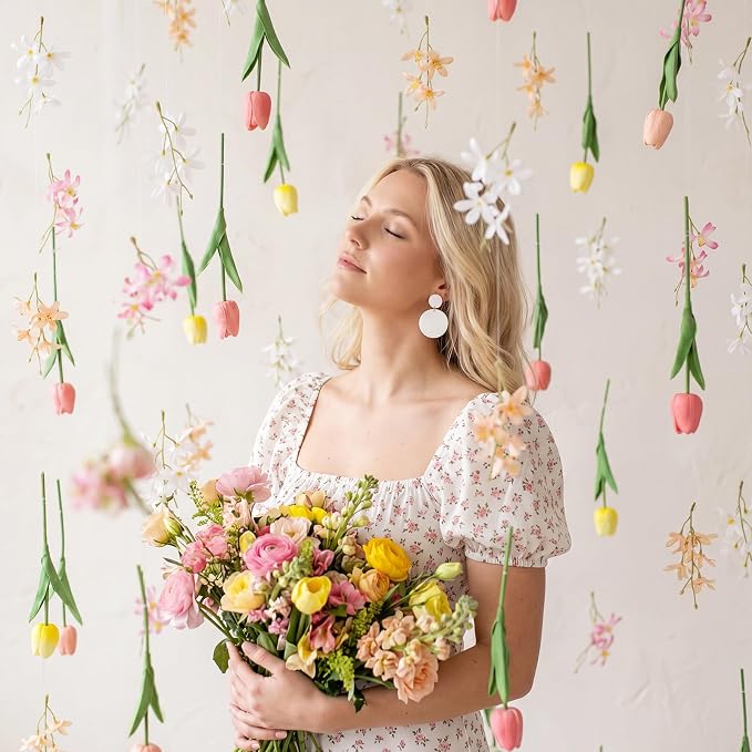 6 Pcs 35.4ft Artificial Tulips Hanging Flower Garlands with Hooks, Spring Faux Tulip and Wildflower Ceiling Vines, Mixed Colors Floral Backdrop for Wedding Party Home Wall Arch Decor