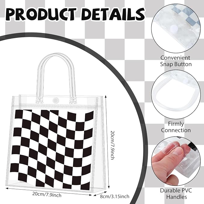 Supervitae 36 Pcs Checkered Racing Clear Favor Bags with Handle Reusable Plastic PVC Gift Bag Race Car Goodies Treats Wrap Totes for Birthday Wedding Graduation Party Supplies, 8 x 8 x 3.15 Inch
