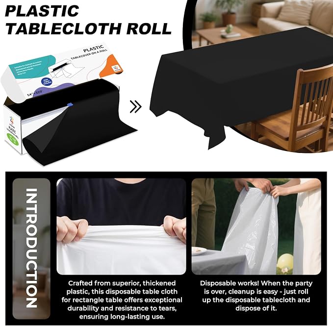 54IN X 320FT Plastic Table Cover Roll with Cutter Box, Cut to Size Plastic Table Cloths for Parties, Birthday, Disposable Tablecloth Roll for All Shape Tables (Black, 54 Inch X 320 Feet)