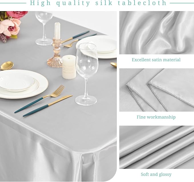 12 Pack Silver Satin Tablecloth, 57 x 108 Inch Silky Satin Table Cloth, Rectangle Bright Silk Tablecloth Smooth Fabric Table Covers Overlay Silky Table Decoration for Wedding Party Banquet Birthday