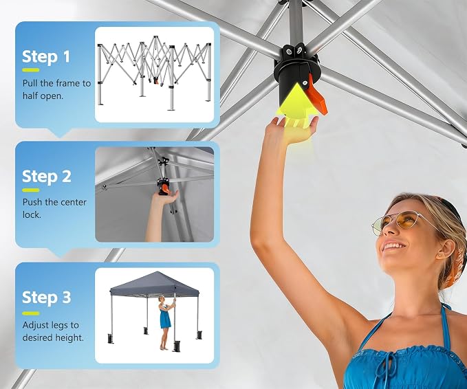 10x10 Pop Up Canopy Tent, Shade Canopy with Carry Bag, Center Lock One Push, 3 Adjustable Height, Outdoor Canopy Tents for Parties, Events & Camping - Dark Gray