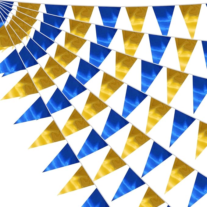 130FT Navy-Blue Gold Triangle Pennant Banner Flag Metallic Fabric Bunting Garland for Christmas Graduation Retirement Birthday Wedding Bridal Shower Nautical Ahoy Achor Party Decorations Supply