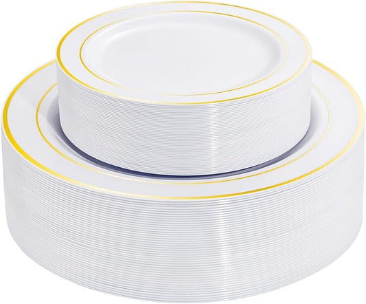 I00000 60 Pieces Gold Plastic Plates, Heavy Duty White and Gold Plastic Plates for 30 Guests Include: 30 Gold Rim Dinner Plates and 30 Gold Dessert Plates Perfect for Wedding & Party
