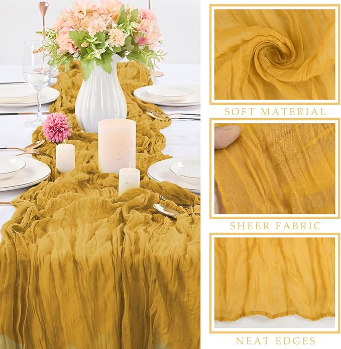 12 Pcs Mustard 35 x 120 Inches Long Cheesecloth Table Runner 10FT Runner for Tables Gauze Fabric Boho Table Runner Decoration Rustic Semi Sheer Runner for Wedding Baby Shower Birthday Party (Mustard)