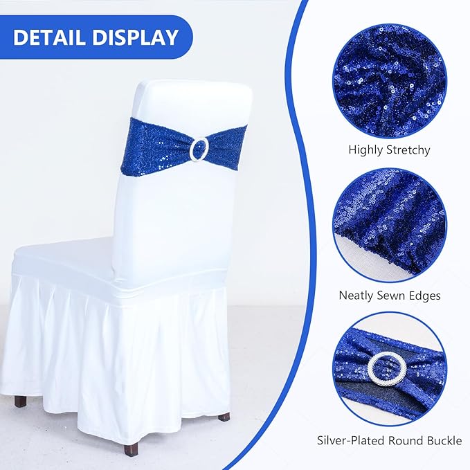 SquarePie Pack of 10 Sequin Chair Sashes Bands Glitter Navy Blue Double-Sided Sequins Stretch Chair Cover Bows with Buckle Slider for Wedding Party Fiesta Banquet Decor
