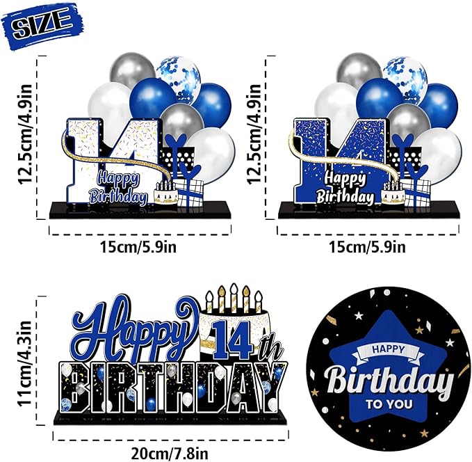 LINGTEER Happy 14th Birthday Blue Acrylic Table Topper Centerpieces Set - Cheers to Fourteen Years Old Birthday 14th Bday Party Gift Decorations.