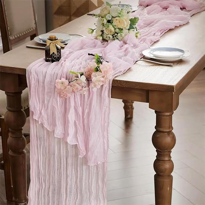 10 Pack Pink Cheesecloth Table Runner 17x108 Inch Semi Sheer Boho Rustic Gauze Cheese Cloth Table Runners for Wedding Party Birthday Baby Shower Home Décor