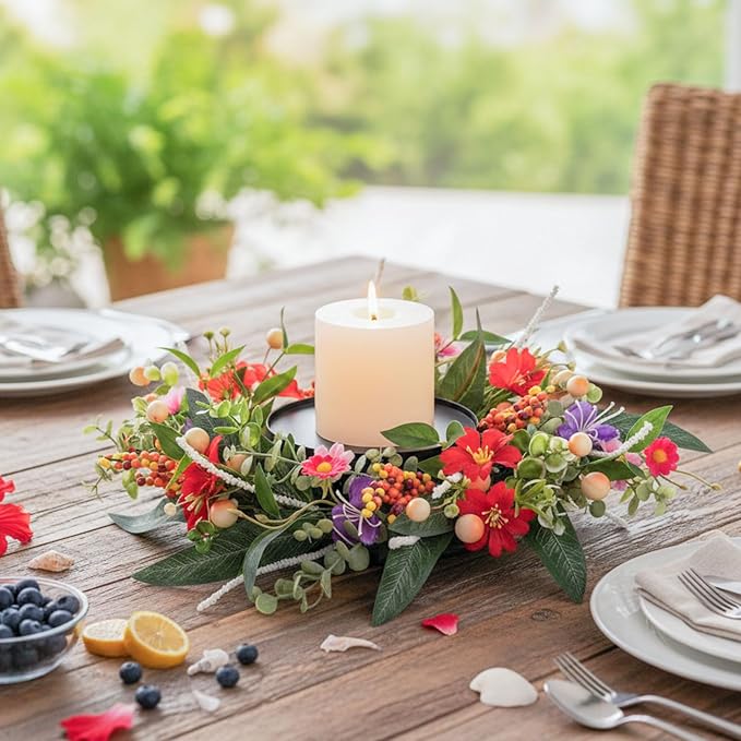 MOYEE Summer Centerpieces for Tables Candle Ring, Black Metal Candlestick with an Artificial Wreaths 14 in Versatile Dining Table Centerpiece Decor (Red Flower Green Leaf Wreath)