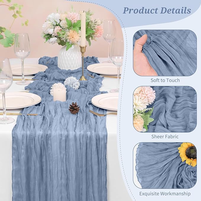 6 Pack Cheesecloth Table Runner Dusty Blue 10Ft Rustic Boho Gauze Table Runner Romantic Long Sheer Fabric Cheesecloth Table Runner for Wedding Festival Birthday Anniversary Dinner Outdoor Events