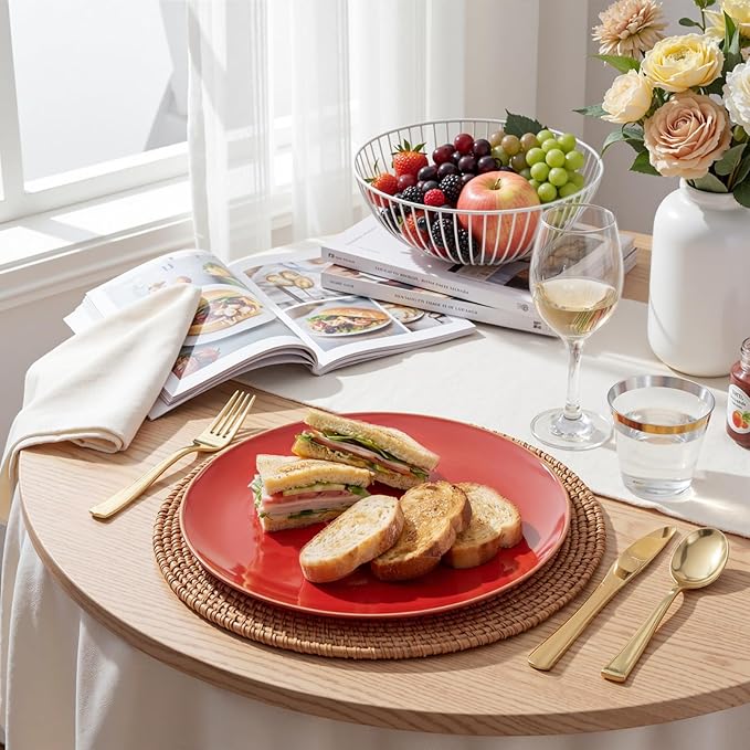 WDF 300Pcs Red Disposable Plates - Red Plastic Plates - 50guest Disposable Dinnerware Include 50 Dinner Plate, 50 Dessert Plate, 150 Cutlery & 50 9oz Cups for Wedding Baby Shower Spring Mother's Day