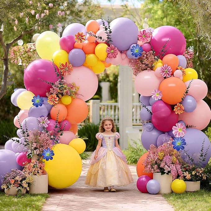Hot Pink Purple Balloon Arch Double Stuffed Balloons with Artificial Flowers Eucalyptus Leaves Pastel Yellow Peach Magenta Latex Garland for Wildflower Birthday Baby Shower Wedding Floral Party Decor