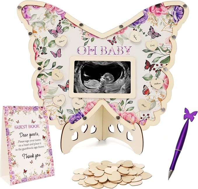 Butterfly Baby Shower Decorations,Purple A Little Butterfly Is On Her Way Baby Shower Guest Book Alternatives with Pen,Photo Frame and 60 Heart Wood Slices for 60 Guests,Gender Reveal Decorations