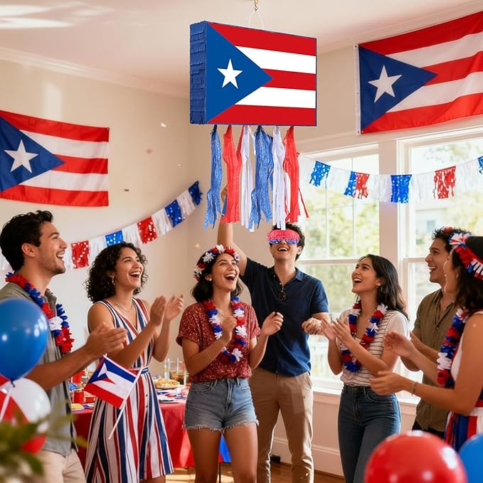 VioraWhite Puerto Rico Party Decorations Flag Piñata Red White Blue Small Piñata Set with Bat and Blindfold for Puerto Rican Birthday Party Games National Day Patriotic Festival Decor Supplies