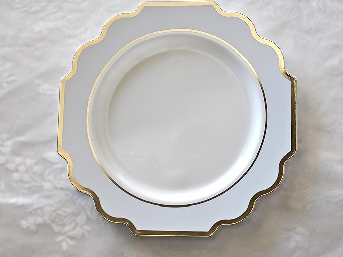 " OCCASIONS " 80 Plates Pack,(40 Guests) Heavyweight Wedding Party Disposable Plastic Plates Set -40 x 10.5'' Dinner + 40 x 8'' Salad/Dessert Plate (Imperial in White/Blue & Gold)