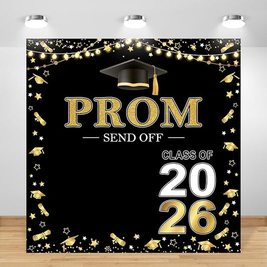 Prom 2026 Backdrop 6x6ft Black Gold Graduation Prom Photography Background Gold Black Class of 2026 Graduations Congrats Grad Party Send Off Banner Photo Studio Props (6x6ft)
