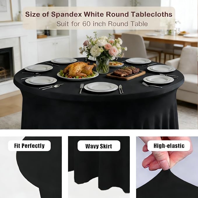 10 Pack Black Round Spandex Tablecloths for 60inch Tables, Stretchy 120inch Fitted 5FT Round Table Cloths Wrinkle Free Washable Table Cover with Skirt for Wedding Birthday Party Dining Banquet Events