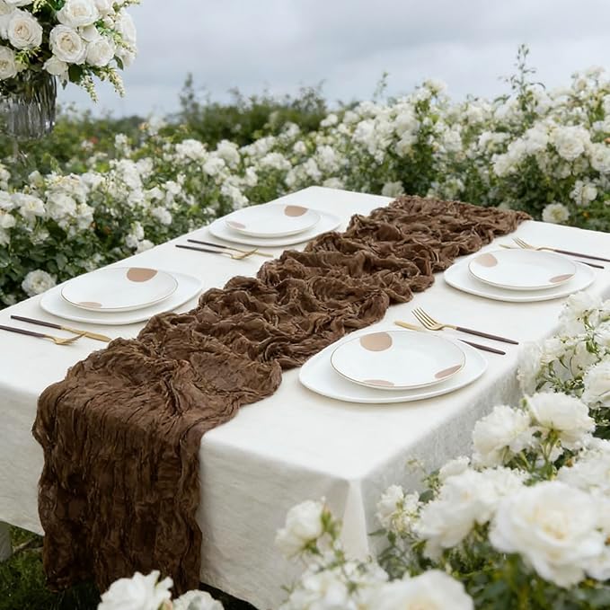 10 Pack Brown Cheesecloth Table Runner 10FT Boho Gauze Fabric Cheese Cloth Table Runners for Wedding ,Party,Baby Shower, Bridal Party, Rustic Farmhouse and Table Decorations