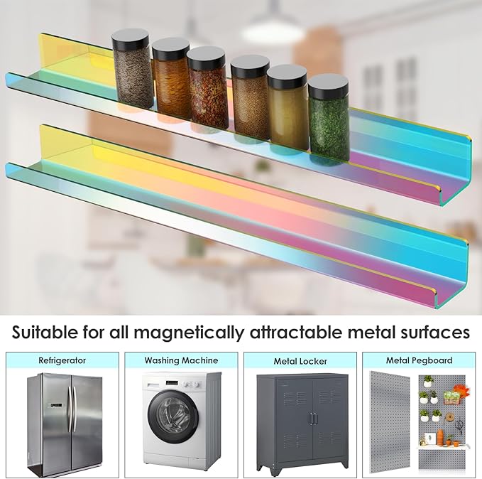 NiHome Set of 2 Magnetic Acrylic Floating Book Shelves, 24 Inches Long for Whiteboard, Classroom and Fridge Storage, Holds Up to 8.5 lbs, Sleek Design Organizer for Large Picture Adhesive (Iridescent)