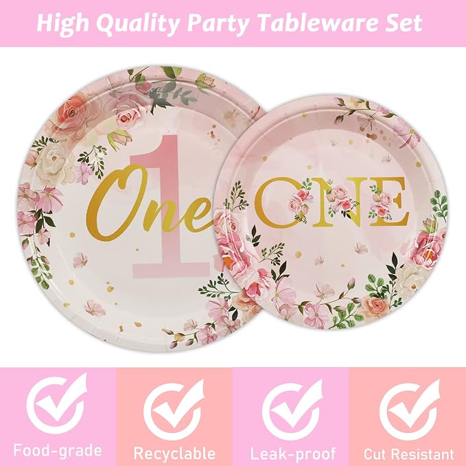 96Pcs 1st Birthday Party Supplies - Girls' One Year Tableware with Floral Birthday Plates, Napkins, Dinnerware, Decorations & Favors for Baby Shower, Serves 24