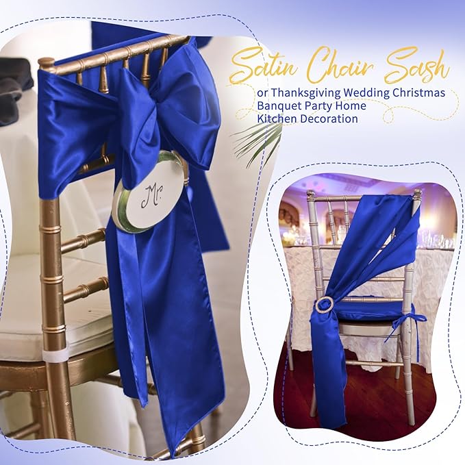 120 PCS Royal Blue Satin Chair Sashes, Ties Bows Designed Chairs Decorative, Chair Cover Sashes for Thanksgiving Wedding Christmas Banquet Party Home Kitchen Decoration (7 x 108 inch)