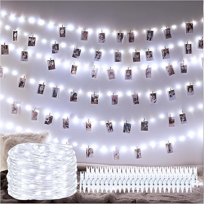 Decute 100 LED 50 Photo Clips String Lights Holder 33FT Starry Fairy Lights for Hanging Pictures Cards Memos USB Powered with Switch Perfect for Bedroom Wedding Dorm Christmas Decor (Cool White)