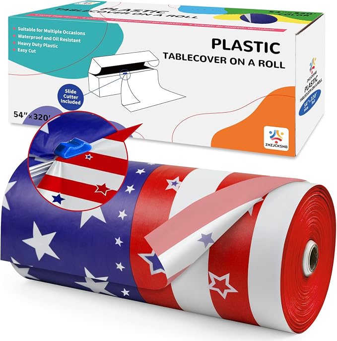 54IN X 320FT Patriotic Tablecloth for 4th of July Independence Day Decorations,Tablecloth Roll with Cutting Box,Memorial Day Decorations, Veterans Day Supplies