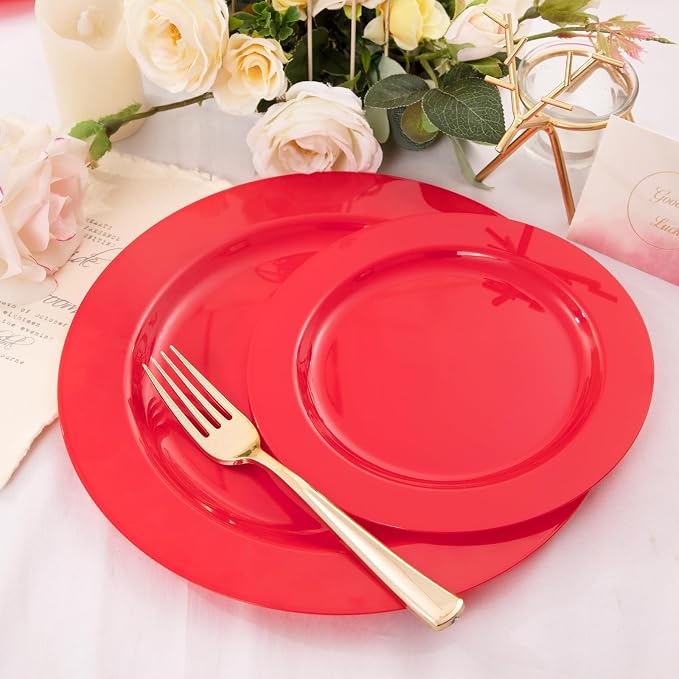 FLOWERCAT 60PCS Red Plastic Plates - Heavy Duty Red Plates Disposable for Party - Include 30PCS 10.25inch and 30PCS 7.5inch for 30 guests Birthday Party & Events &4th of July