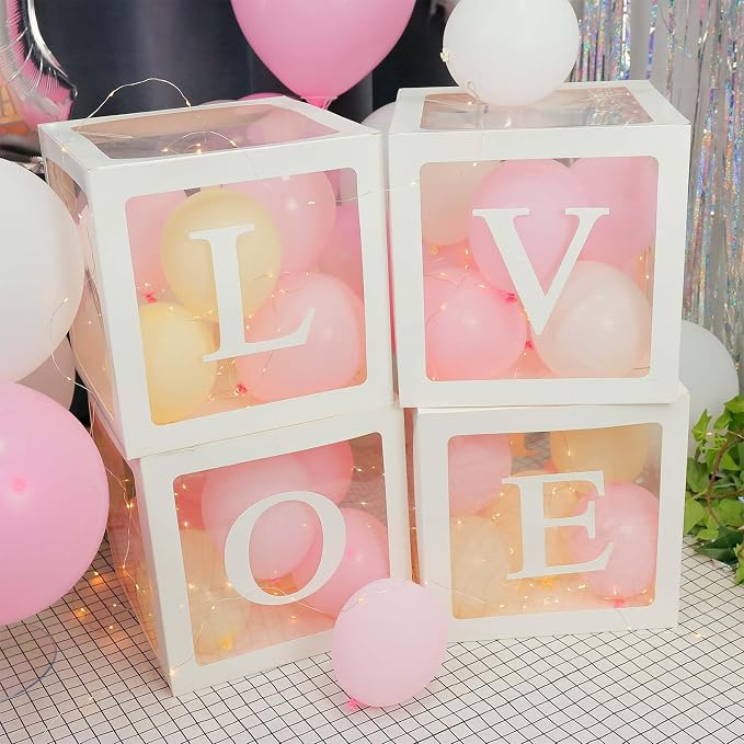 Ledido Baby Boxes with Letters for Baby Shower Decorations, 4 Pcs Transparent Balloon Boxes Blocks with Fairy String Lights, Clear Balloon Boxes for Boy Girl Gender Reveal 2026 HOCO Party Decor(White)