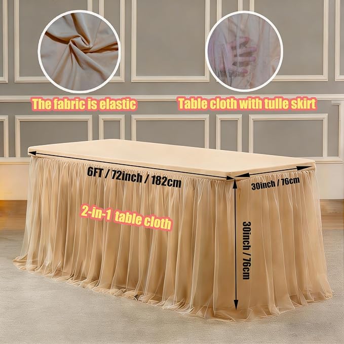 Champagne 2-in-1 Stretch Tulle Table Cover & Skirt – Fits 6ft Rectangular Tables, Perfect for Baby Shower, Bridal, Birthday & Princess Parties (1 Pack)