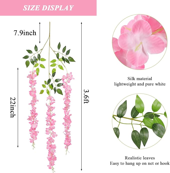 Pauwer Wisteria Hanging Flowers 24 Pack Fake Flower Garland Artificial Wisteria Vines Rattan Silk Flower String Wedding Party Wall Decorations,Pink