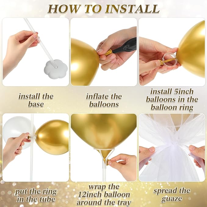 BBTO 8 Set Gold and White Table Centerpieces Balloons Stand Kit, Latex Balloons and Table Stand Holder with Base Tulle for Wedding Birthday Grad Prom Centerpieces Party Back to School Baby Shower