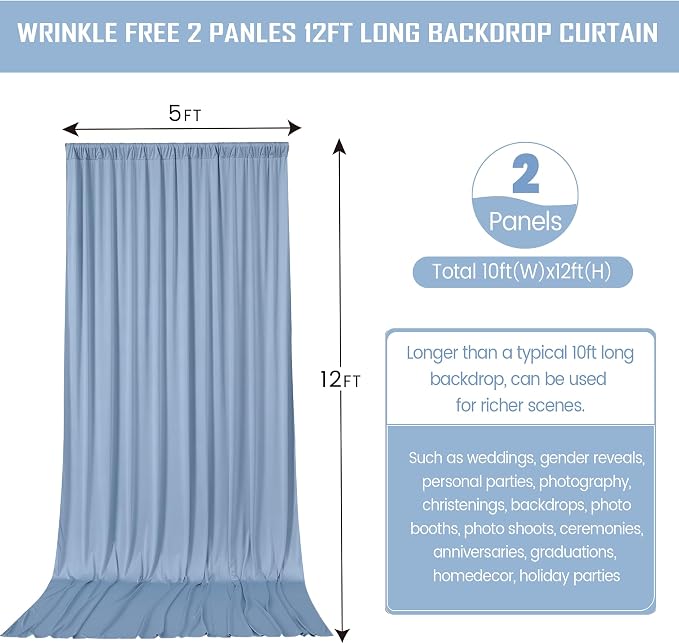 10 ft x 12 ft Wrinkle Free Dusty Blue Backdrop Curtain for Parties, 2 Panels 12ft Polyester Dusty Blue Photo Backdrop Drapes for Graduation Birthday Wedding Party Stage Curtains