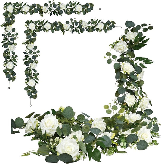 Aurora Aria White Flower Garland, 2 Pack Total 11.6FT Artificial Eucalyptus Garland with Roses, Floral Greenery Garland for Wedding Arch, Spring Home Decor