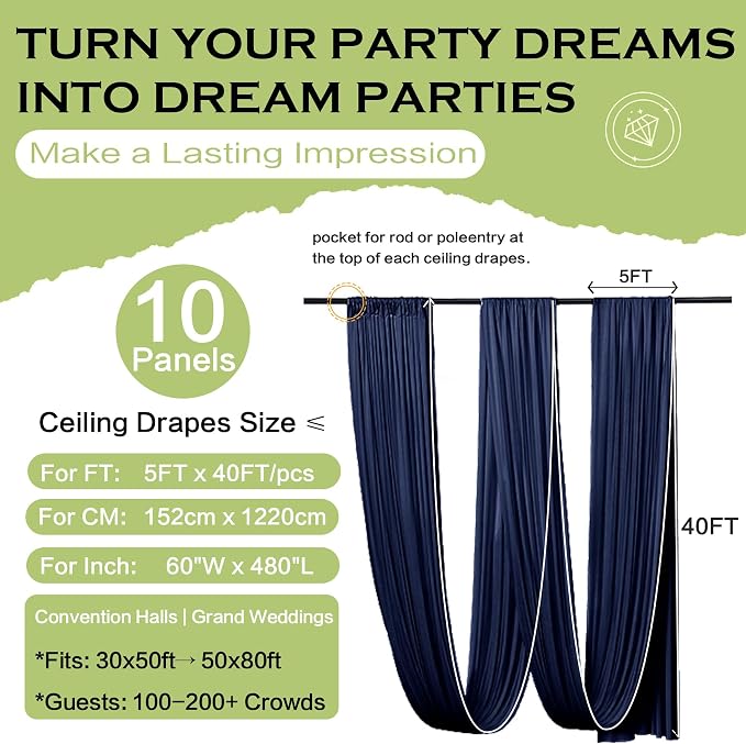 50ftx40ft Navy Blue Ceiling Curtain for Wedding Parties – 10 Panels Wrinkle-Free 40 FT Long Tent Draping Curtains for Wedding, Birthday & Theme Parties, 40ft Height with Rod Pocket
