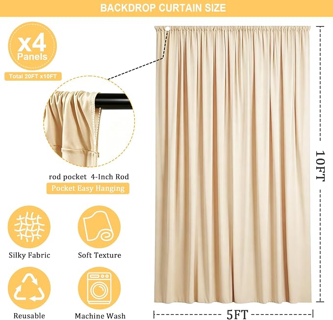 Gallety Warm Ivory Backdrop Curtains for Wedding, Polyester Photography Backdrops Curtain - 20FT x 10FT Wall Curtains with Rod Pockets for Celebration,Birthday, Baby Baptism,Graduation Decorations