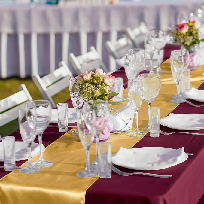 Breling 16 Pack Burgundy and Gold Disposable Plastic Tablecloths and Satin Table Runner Set, 54 x 108 Inch Tablecloth, 12 x 108 Inch Table Runners for Wedding Graduation Birthday Baby Shower