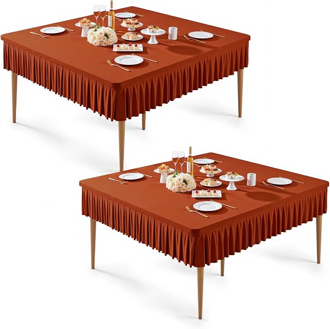 Wish Care 2 Pack Rust Spandex Tablecloths for 54x54 Inch Square Tables, Stretch Fitted Table Clothes with Pleated Ruffle Skirt for 54” Table, Wrinkle Free and Elastic, for Party Kitchen Home Dining