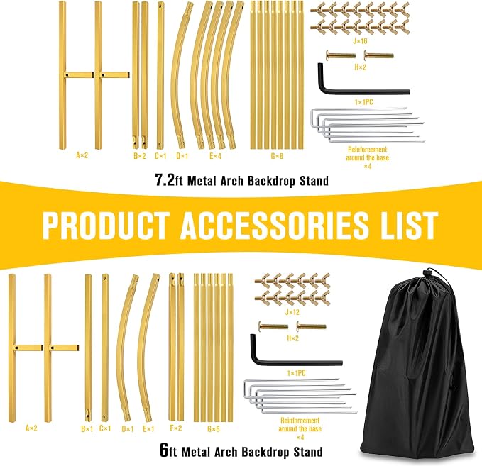 Metal Arch Backdrop Stand Set of 2 (7.2FT and 6FT), Gold Wedding Stand for Wedding, Baby Shower, Birthday Party, Graduation, Indoor, Outdoor, Balloons Flowers, Stable Base, Easy to Assemble