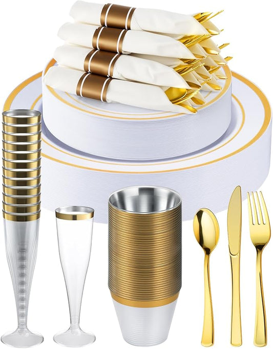 Goodluck 320PCS Gold Disposable Plastic Dinnerware Set for 40 Guests, Include 40 Dinner Plates, 40 Dessert Plates, 40 Napkins with Silverware, 40 Cups, 40 Champagne Glasses, for Christmas, Wedding