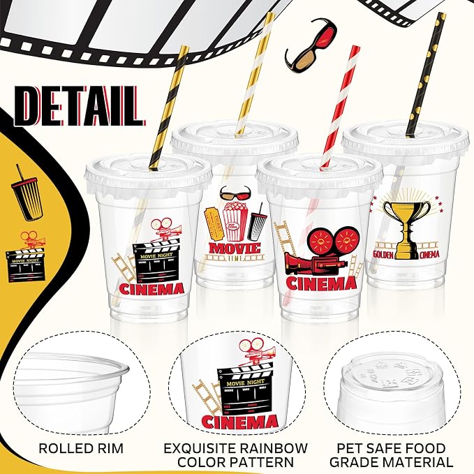 FoldTier 50 Pcs Movie Night Cups 12 oz Disposable Plastic Cups with Straws and Lids Cinema Clear mug Birthday mugs Supplies Birthday Table Decorations Party Favor