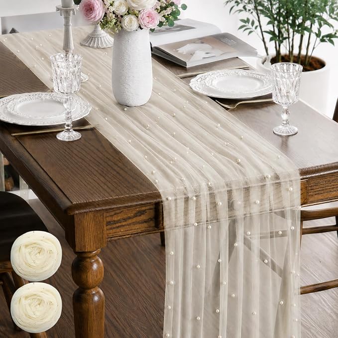 Pearl Beige Gauze Pearl Table Runner 120 Inch 10FT, Seasonal Sheer Dining Holiday Wedding Birthday Baby Shower Tulle Summer Table Decor for Home Party