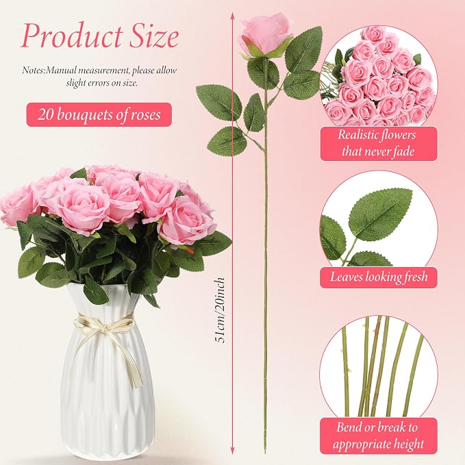 Hotop 20 Pcs Artificial Rose Flowers with Long Stem, Real Lifelike Silk Realistic Plastic Bouquet Roses Bulk for Home Decor Bridal Wedding Party Table Centerpieces Decorations(Pink)